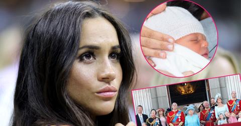 Meghan Markle attends a sporting event. Inset upper left corner, Archie. Inset bottom, the royal family.
