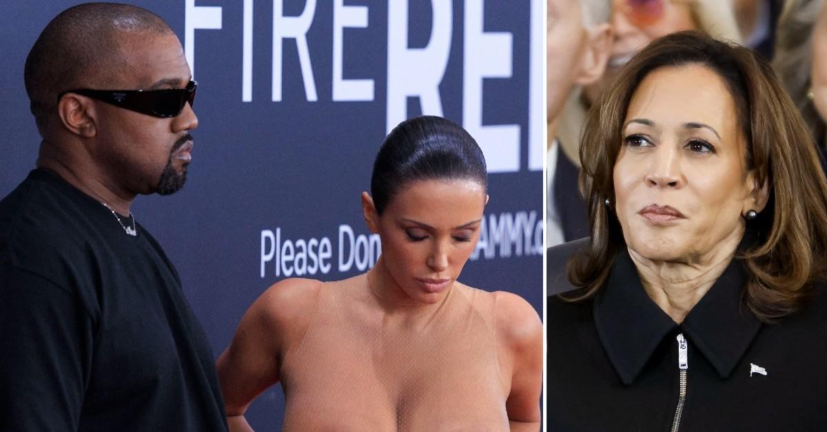 Split photo of Kanye West and Bianca Censori, Kamala Harris