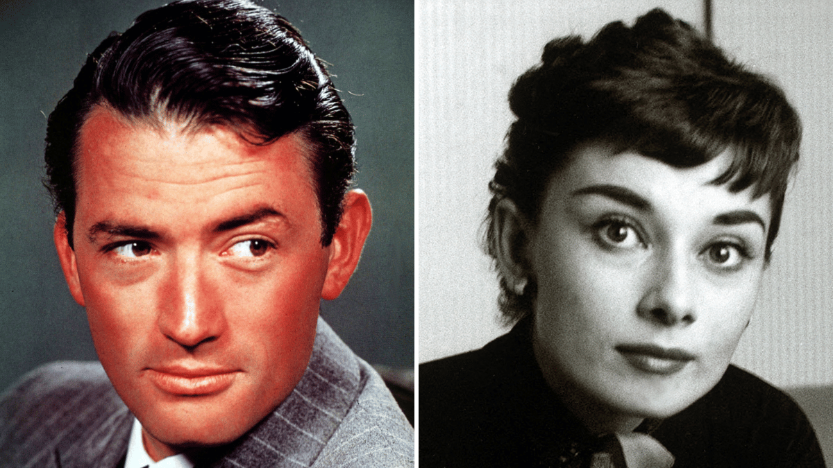 Split photo of Gregory Peck, Audrey Hepburn