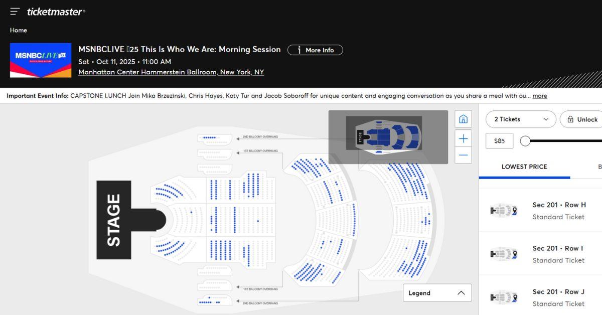 Tickets remaining as of August 19 for the afternoon session (blue dots are available seats).