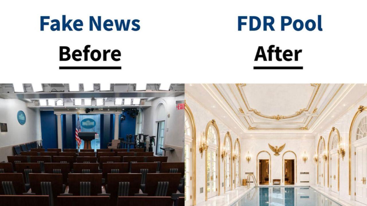 Trump nicknamed the press briefing room 'Fake News.'