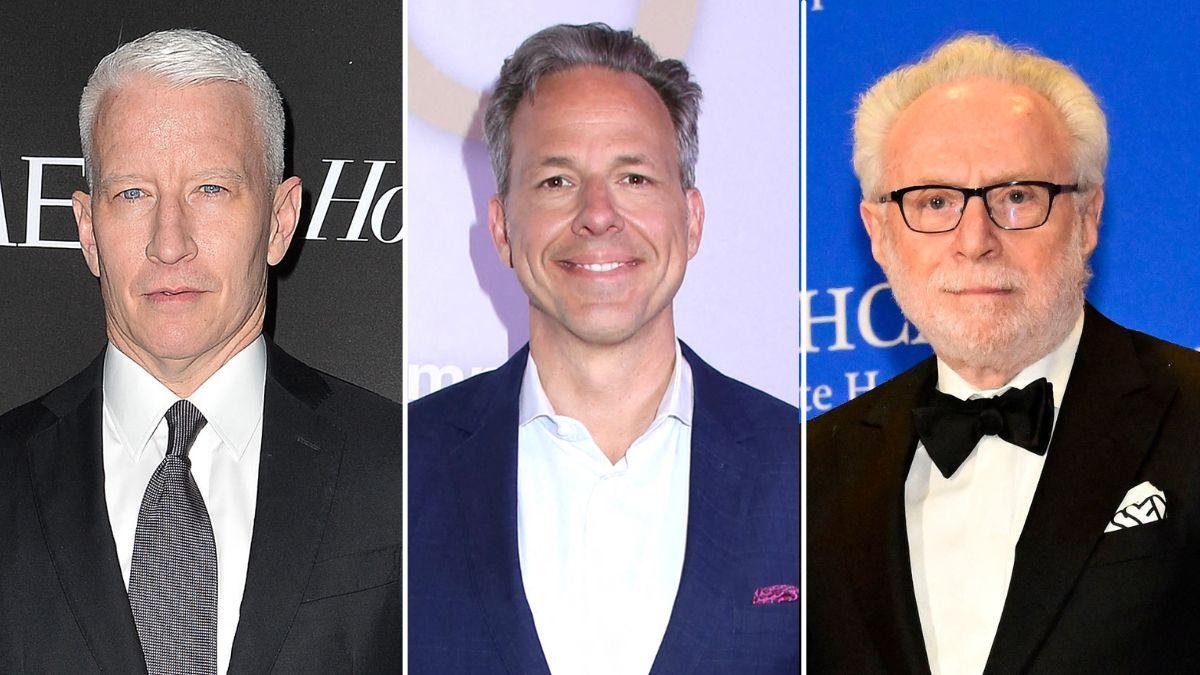 split images of Anderson Cooper, Jake Tapper, and Wolf Blitzer