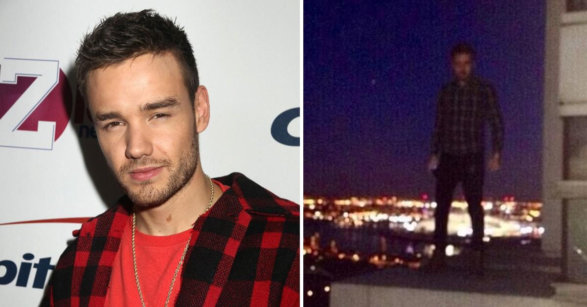 Photo of Liam Payne on left and him on building edge on right