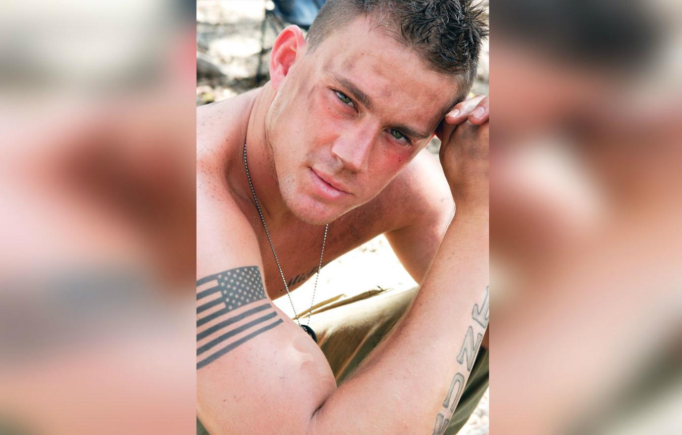 Channing Tatum was shirtless with an American flag tattoo plus his dog tags hanging from his neck.