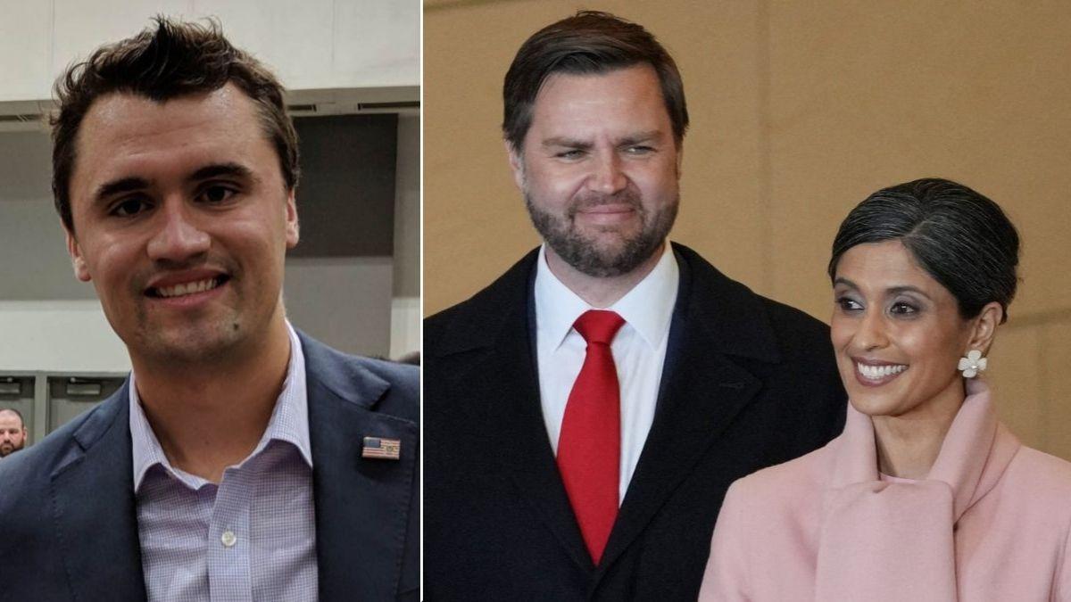split image of Charlie Kirk / Usha Vance and J.D. Vance
