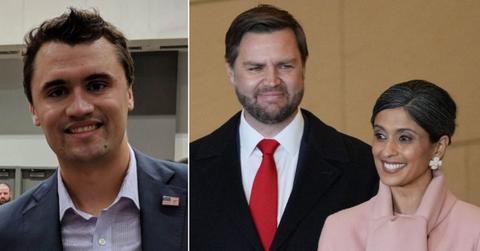 split image of Charlie Kirk / Usha Vance and J.D. Vance