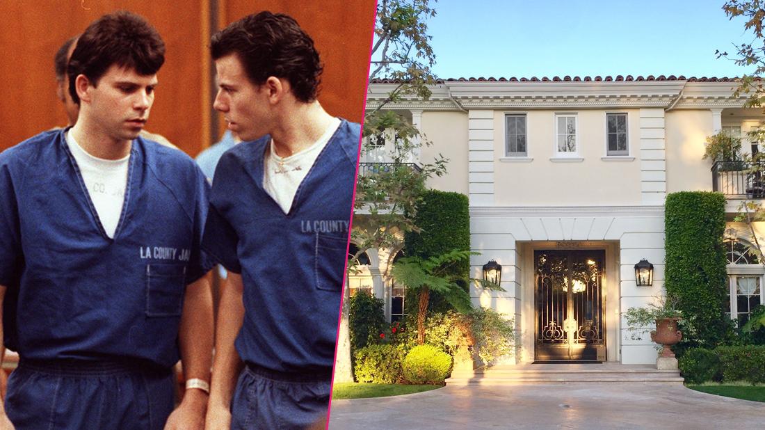 Left, Erik and Lyle Menendez wearing their blue prison garb as they find out that they are guilty of first degree murder and conspiracy. Right; The home where the Menendez brothers committed murder.