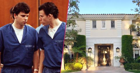 Left, Erik and Lyle Menendez wearing their blue prison garb as they find out that they are guilty of first degree murder and conspiracy. Right; The home where the Menendez brothers committed murder.