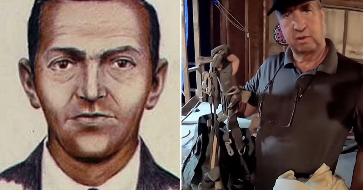 Split photo of D.B. Cooper and his parachute.