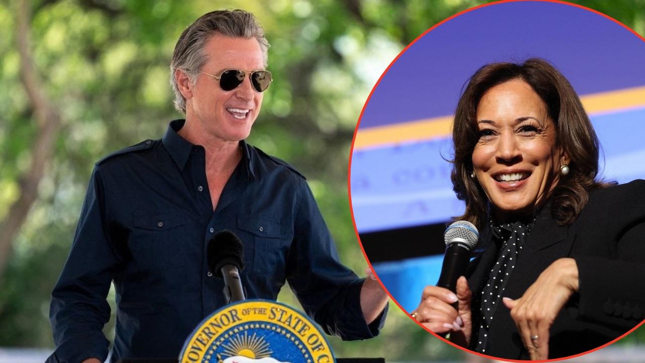 Split image of Gavin Newsom and Kamala Harris