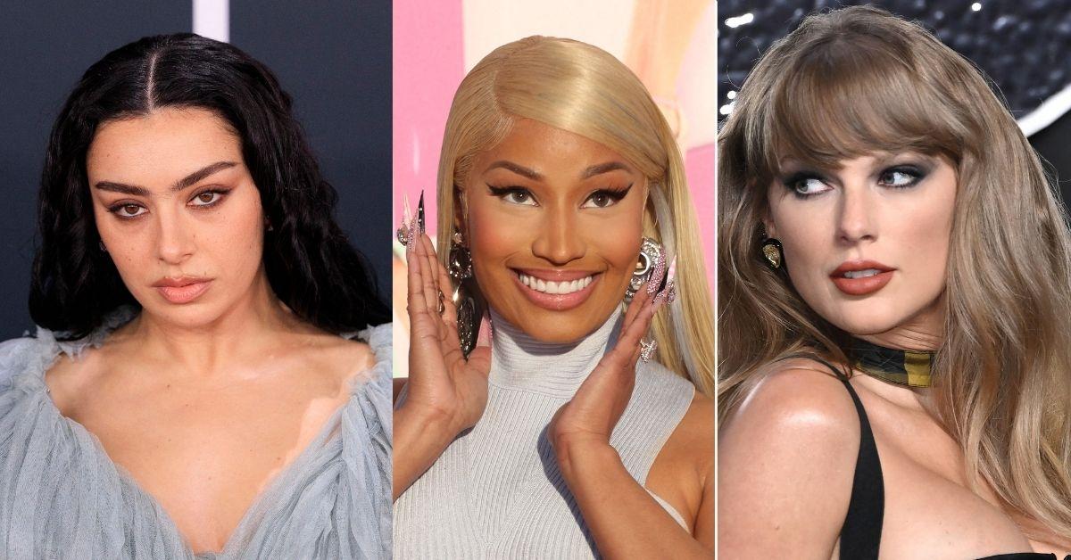 Composite photo of Charli XCX, Nicki Minaj, and Taylor Swift