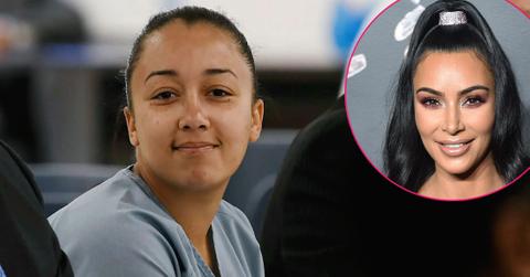 Cyntoia Brown, a woman serving a life sentence for killing a man when she was a 16-year-old prostitute, smiles at family members during her clemency hearing Wednesday, May 23, 2018, at Tennessee Prison for Women in Nashville, Tenn. Inset, Kim Kardashian Versace show, Arrivals, Pre-Fall 2019