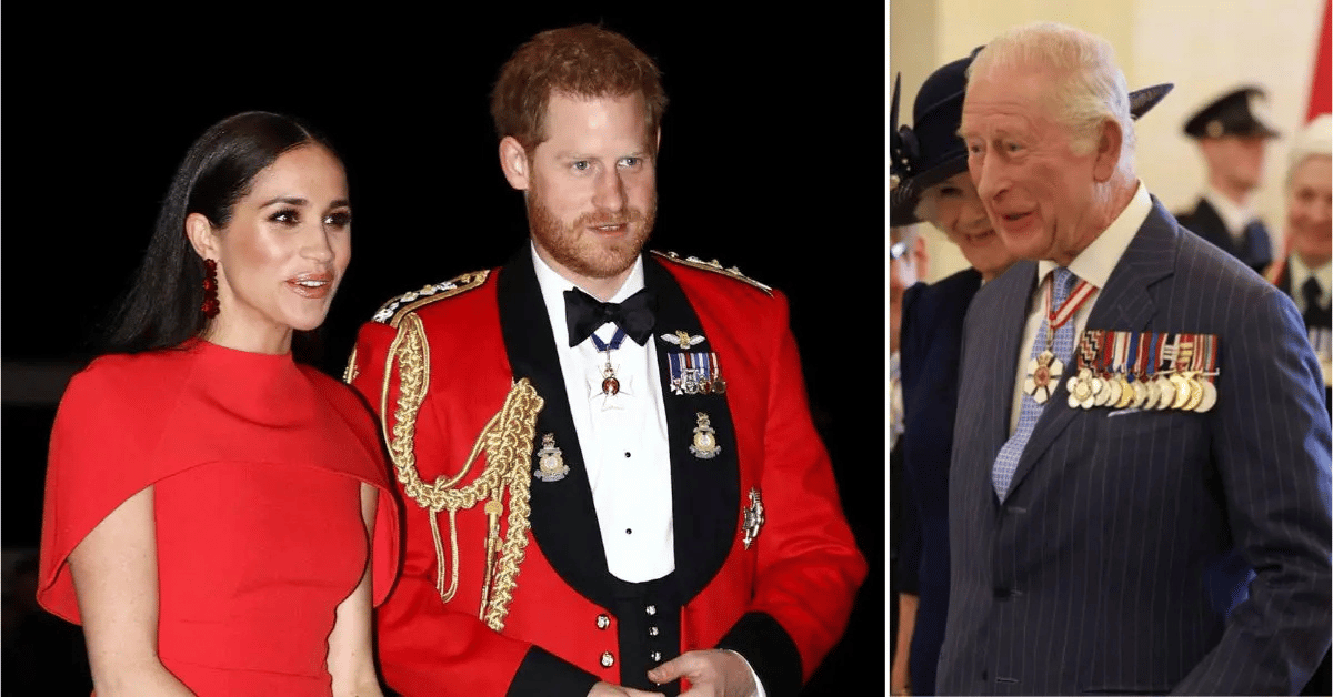 Split photo of Prince Harry and Meghan Markle, King Charles