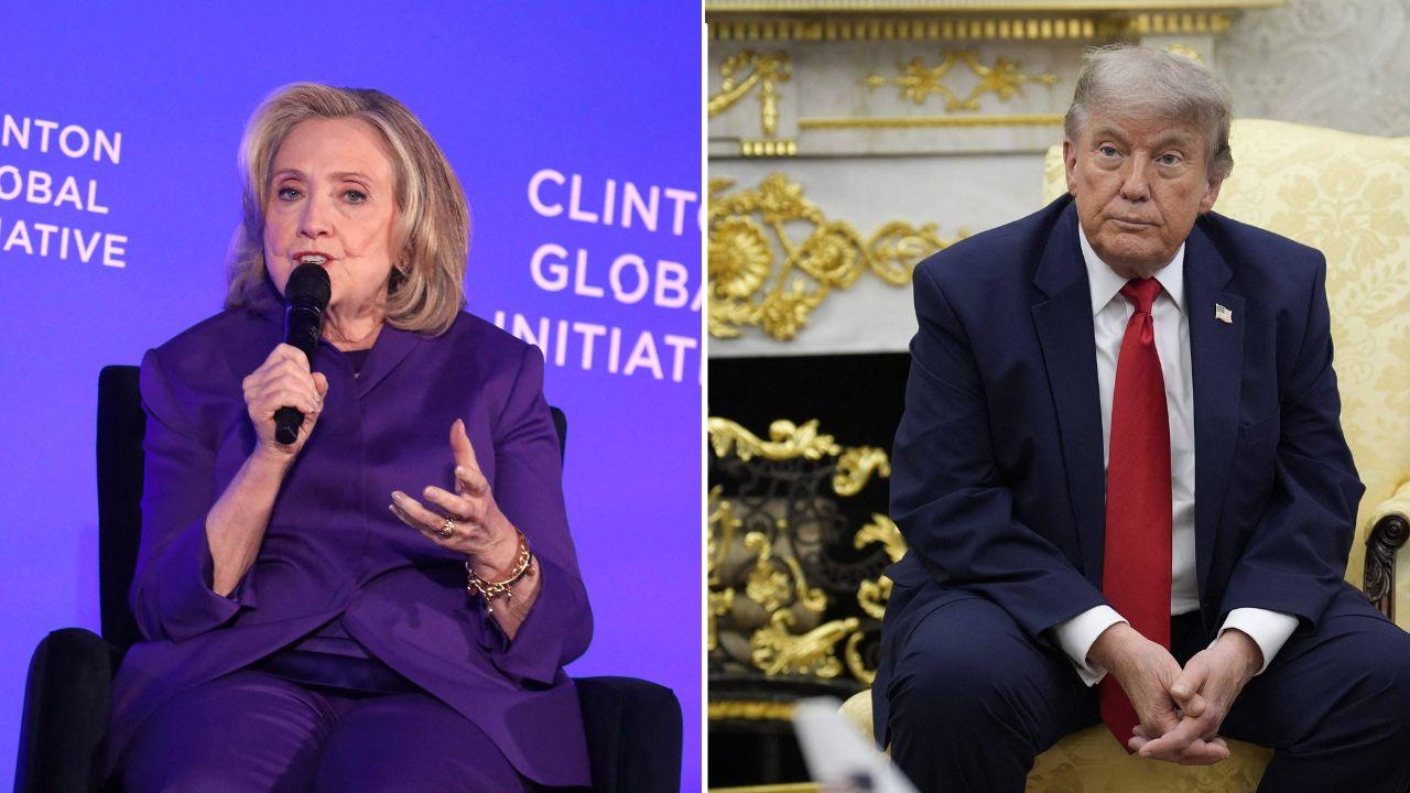 A photo of Hillary Clinton alongside a photo of Donald Trump in the Oval Office