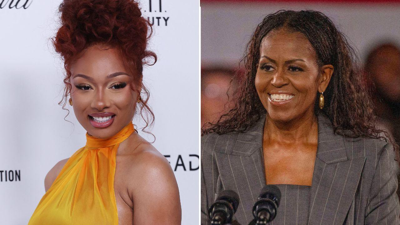 A photo of Megan Thee Stallion alongside a photo of Michelle Obama