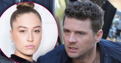On Left, Inset Photo of Elsie Hewitt with Hair In A Bun, On Right, Ryan Phillippe on Set Looking Angry