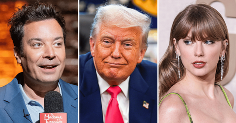 Split photo of Jimmy Fallon, Donald Trump and Taylor Swift