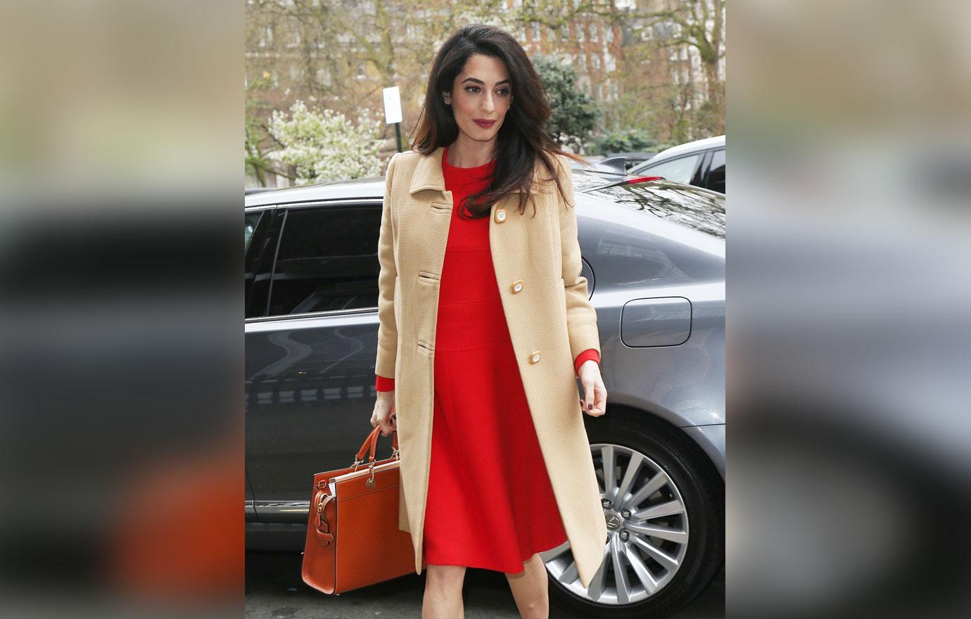 //amal clooney pregnant baby bump red dress photos