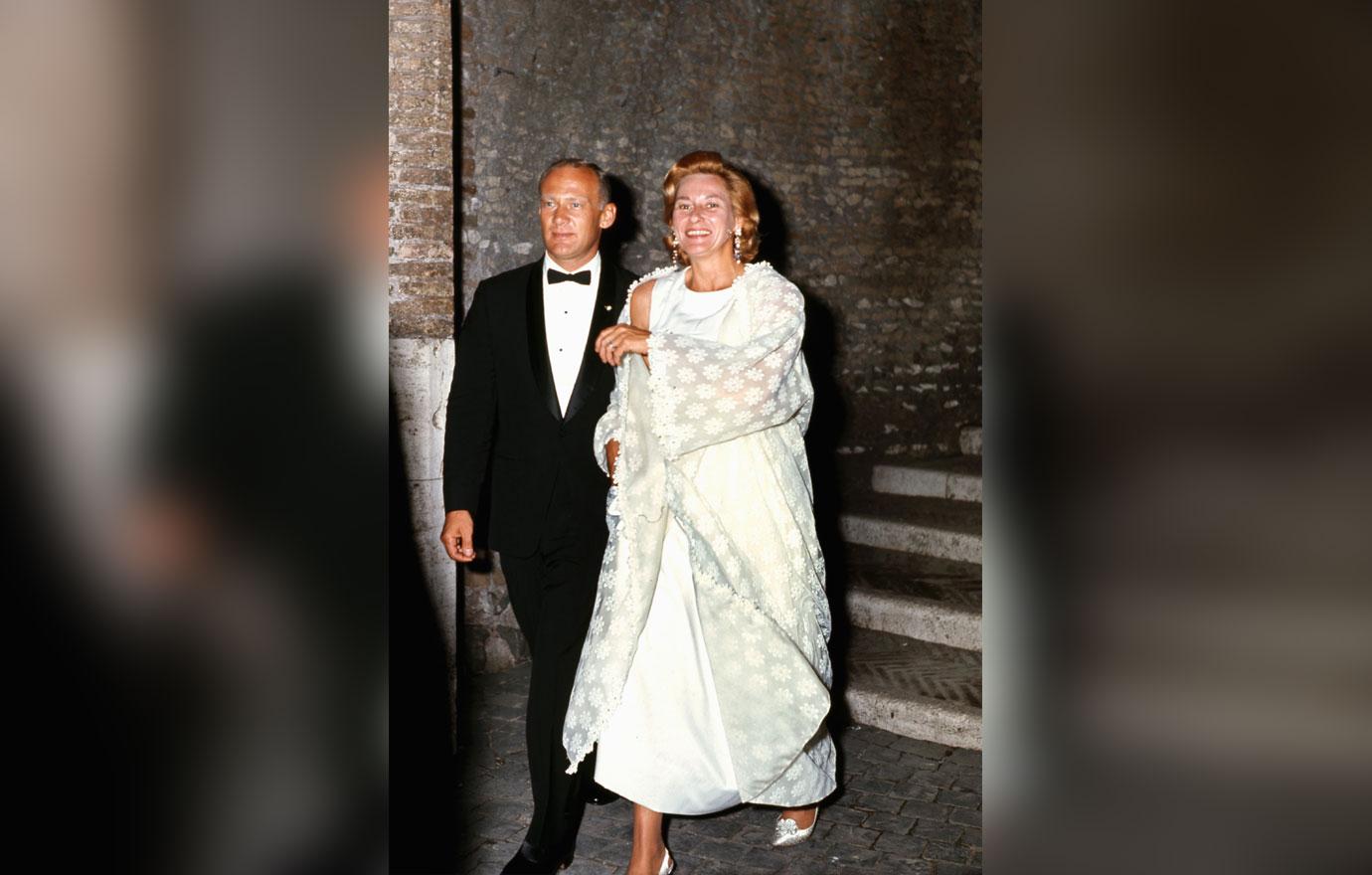 Apollo 11 astronaut Edwin "Buzz" Aldrin and his wife Joan arrive at a reception at the Castel Sant'Angelo on October 16, 1969 in Rome, Italy.