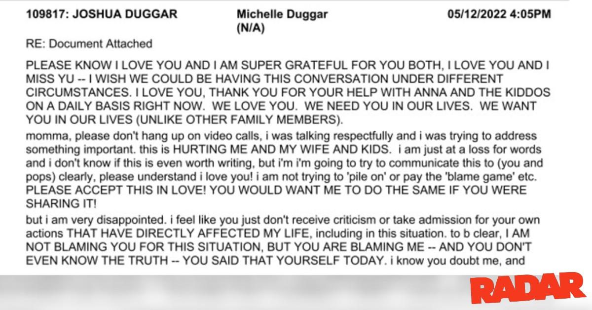Josh Duggar said his mother didn't 'receive criticism' well in the May 2022 email.