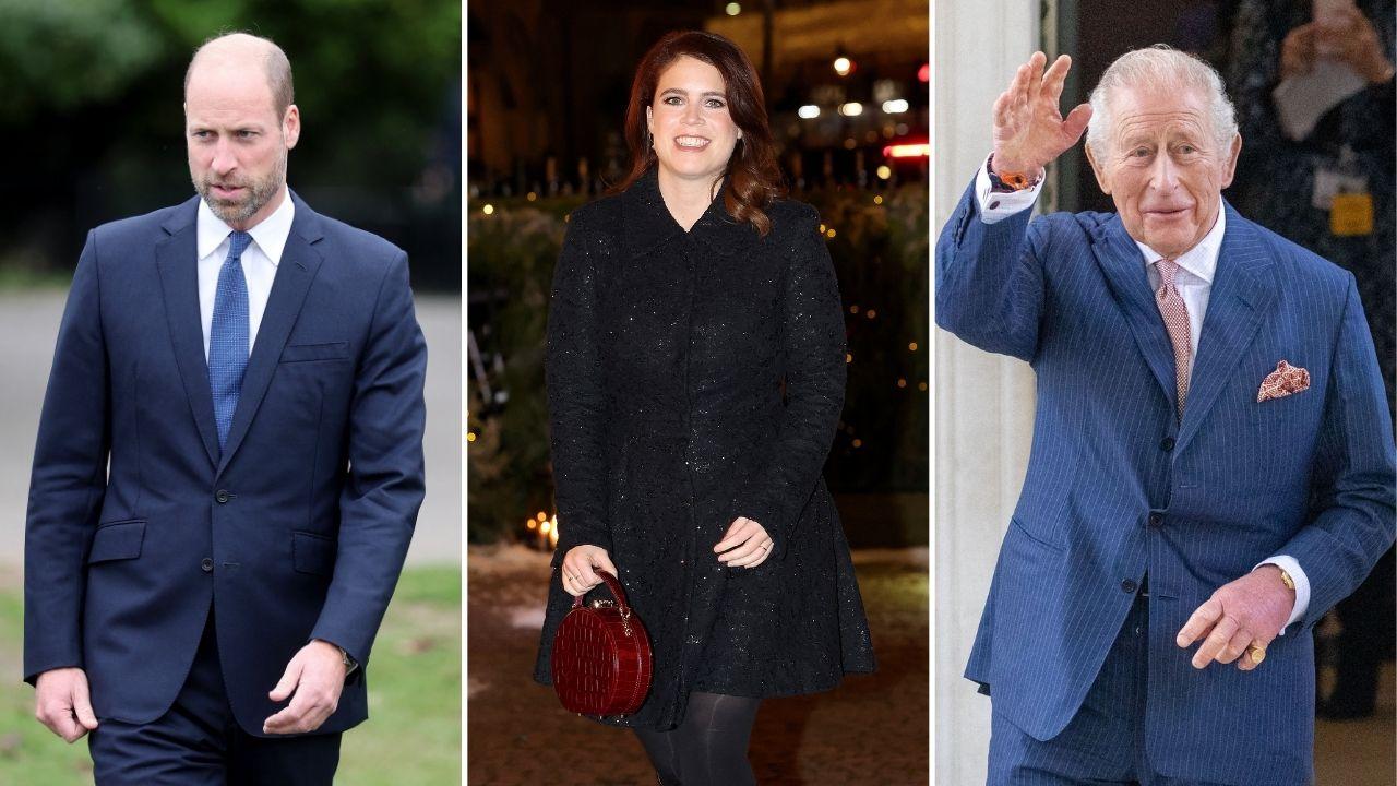 Split photos of Prince William, Princess Eugenie and King Charles