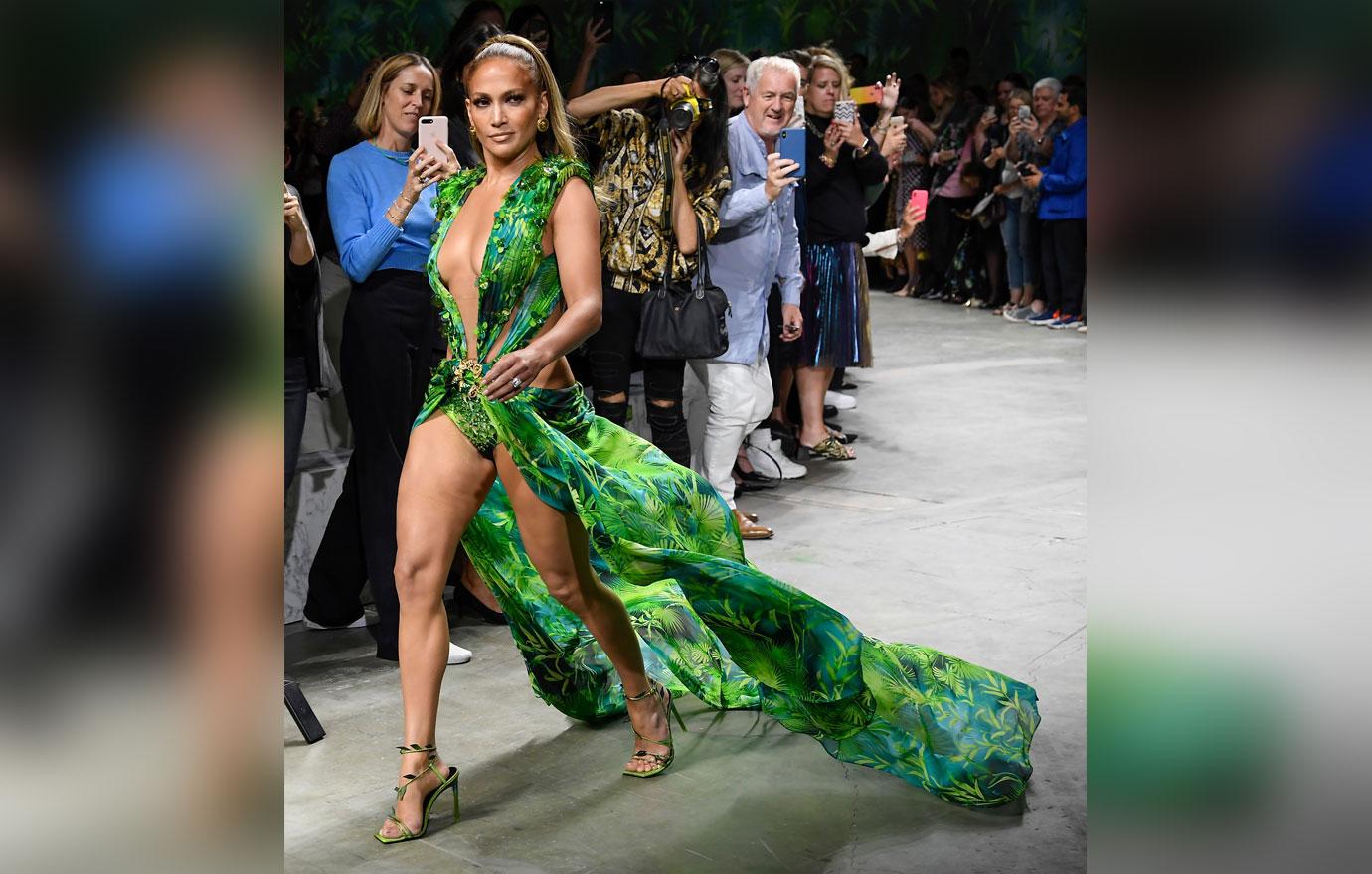 Jennifer Lopez Walks Versace Show in Grammys Lookalike Dress