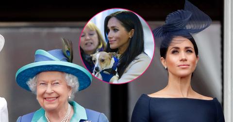 Queen Elizabeth II and Meghan, Duchess of Sussex watch a flypast to mark the centenary of the Royal Air Force from the balcony of Buckingham Palace on July 10, 2018 in London, England. Inset center, Meghan Markle with her rescued puppy.