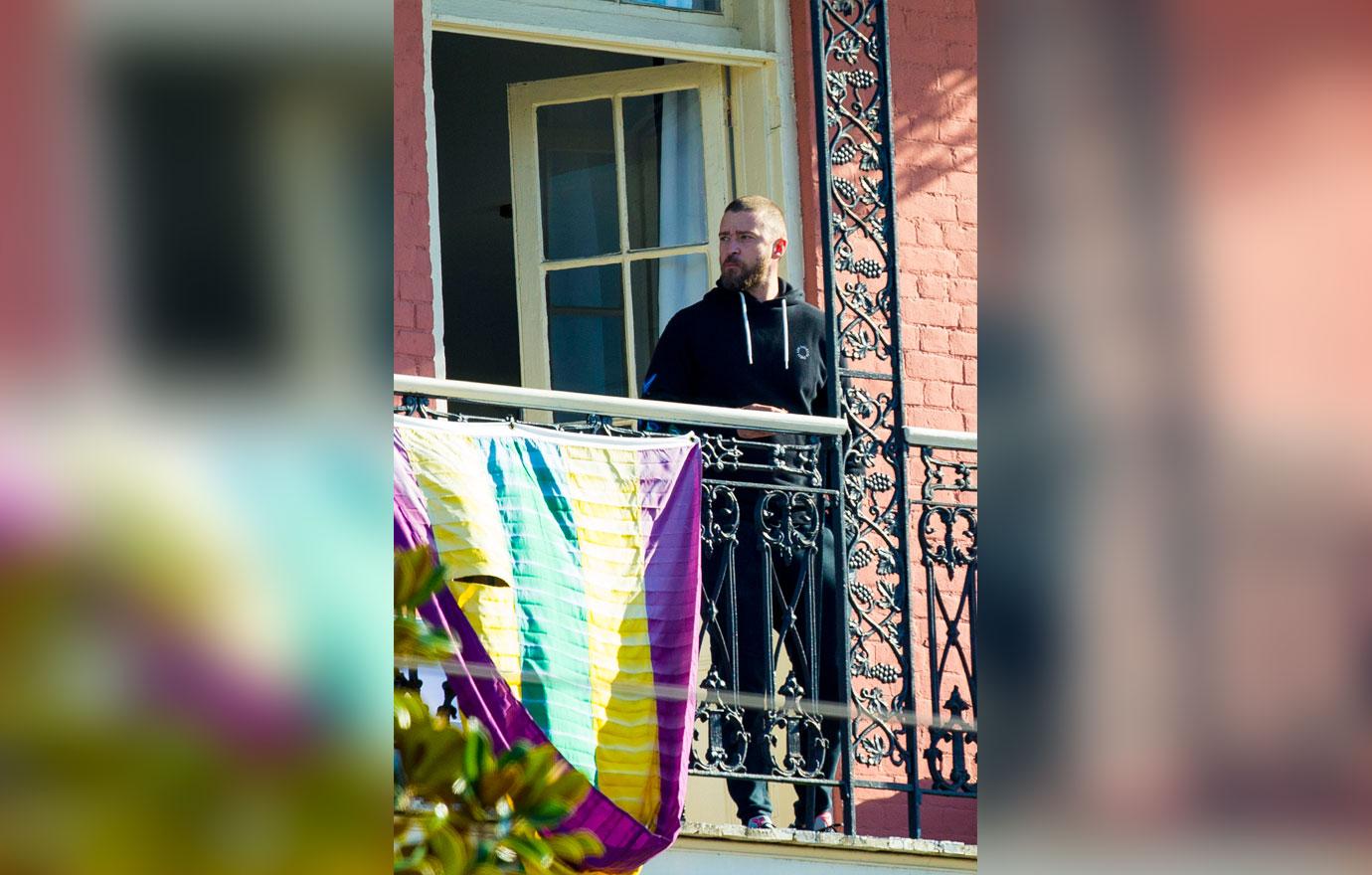 Justin Timberlake Wearing Sweats on a New Orleans Balcony