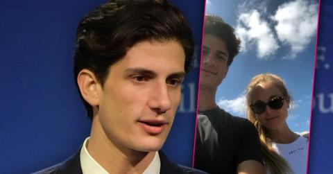 Jack Schlossberg Wearing Dark Blue Suit and Tie with White Shirt, Inset Photo of Jack Wearing Black T-Shirt With His Girlfriend Wearing While T-Shirt