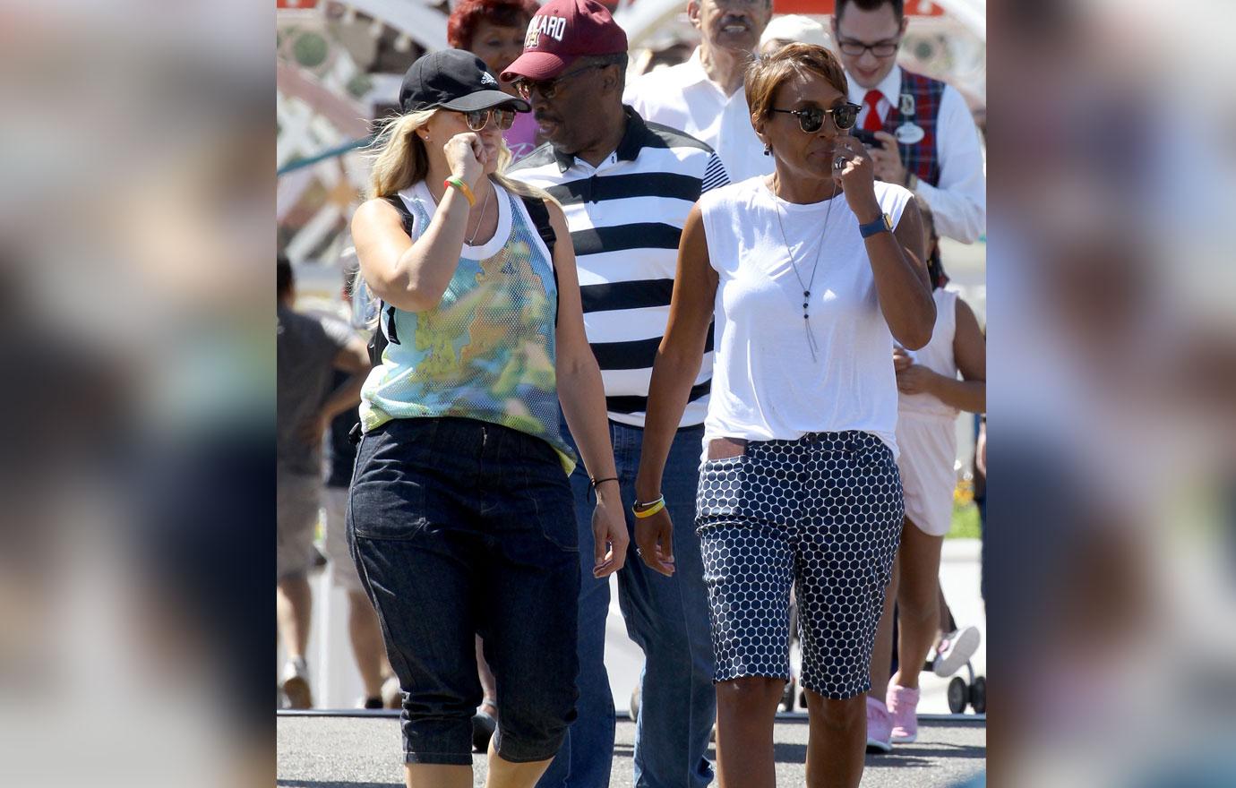 Robin Roberts and her wife Amber Laign have on a day out at Disneyland. Robin was seen riding the radiator springs racers and enjoying lunch at the Carthy Circle restaurant.