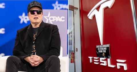 Split photo of Elon Musk, Tesla