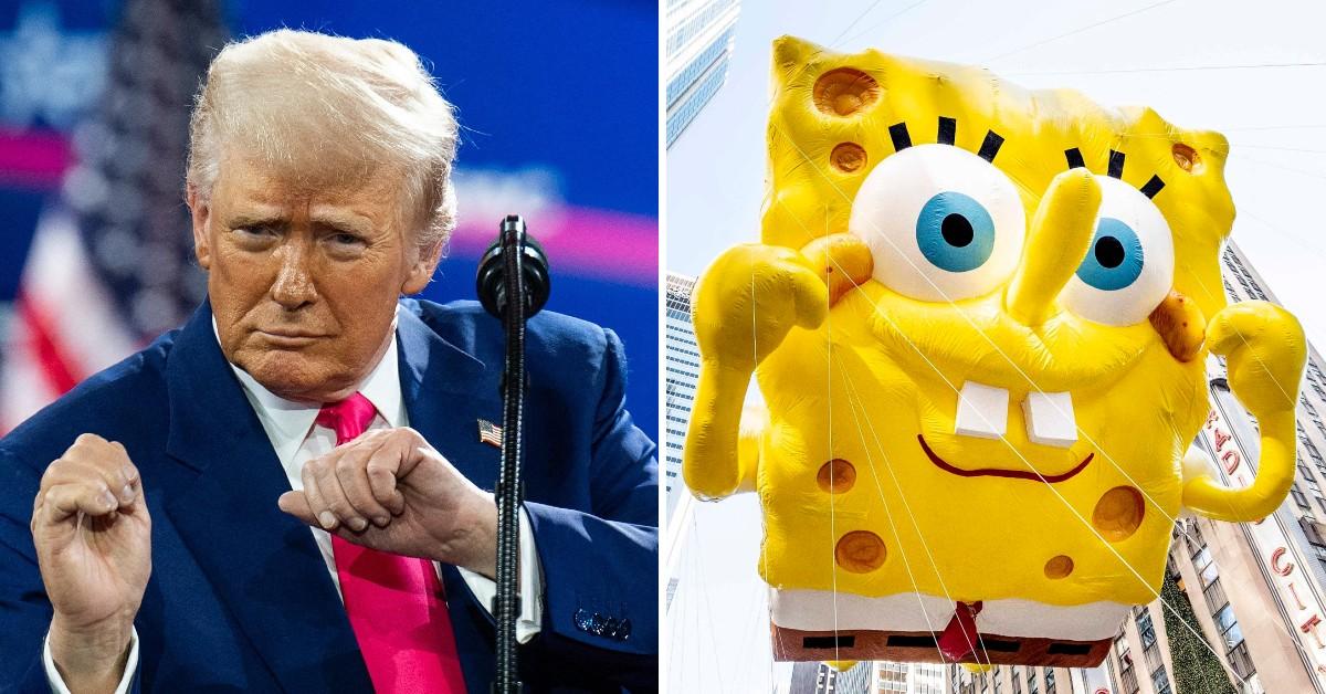 Split photo of Donald Trump, Spongebob Squarepants balloon