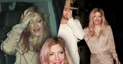 tori spelling falling down wet spot skirt mystery man