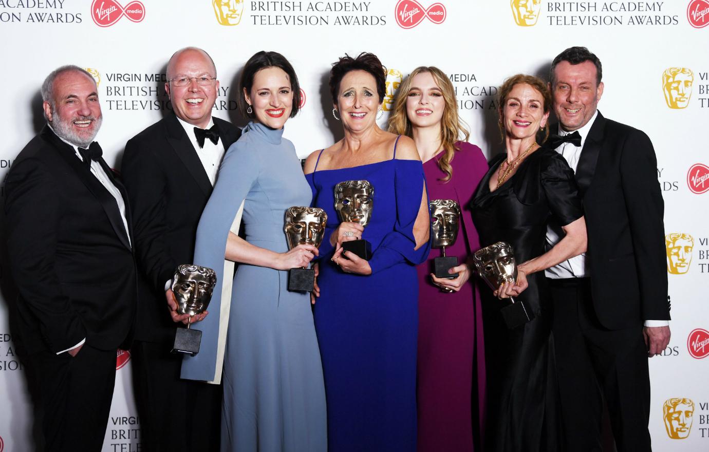 The cast of Killing Eve gather on the red carpet to show off their awards.