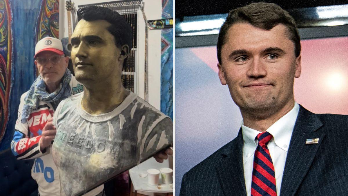 A photo of Sergio Furnari and his statue alongside a photo of Charlie Kirk