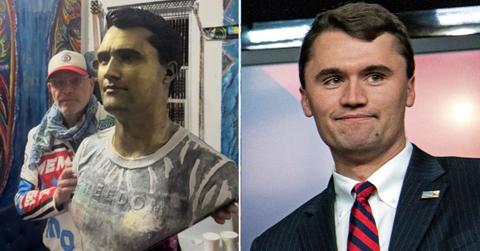 A photo of Sergio Furnari and his statue alongside a photo of Charlie Kirk