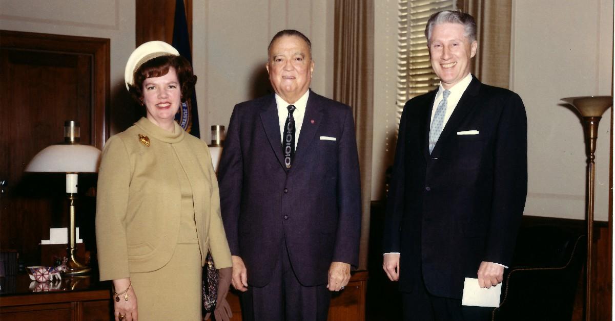 Assistant Director W. Mark Felt of the Inspection Division, right, accompanied by his wife, left, (FBI) Director J. Edgar Hoover in 1967.