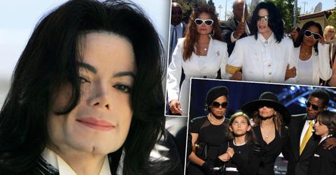 Michael Jackson Smiling With Insets Of Him Walking With Latoya and Janet Wearing All White and Family at His Memorial