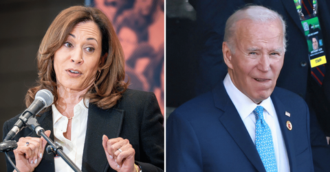 Split photo of Kamala Harris, Joe Biden