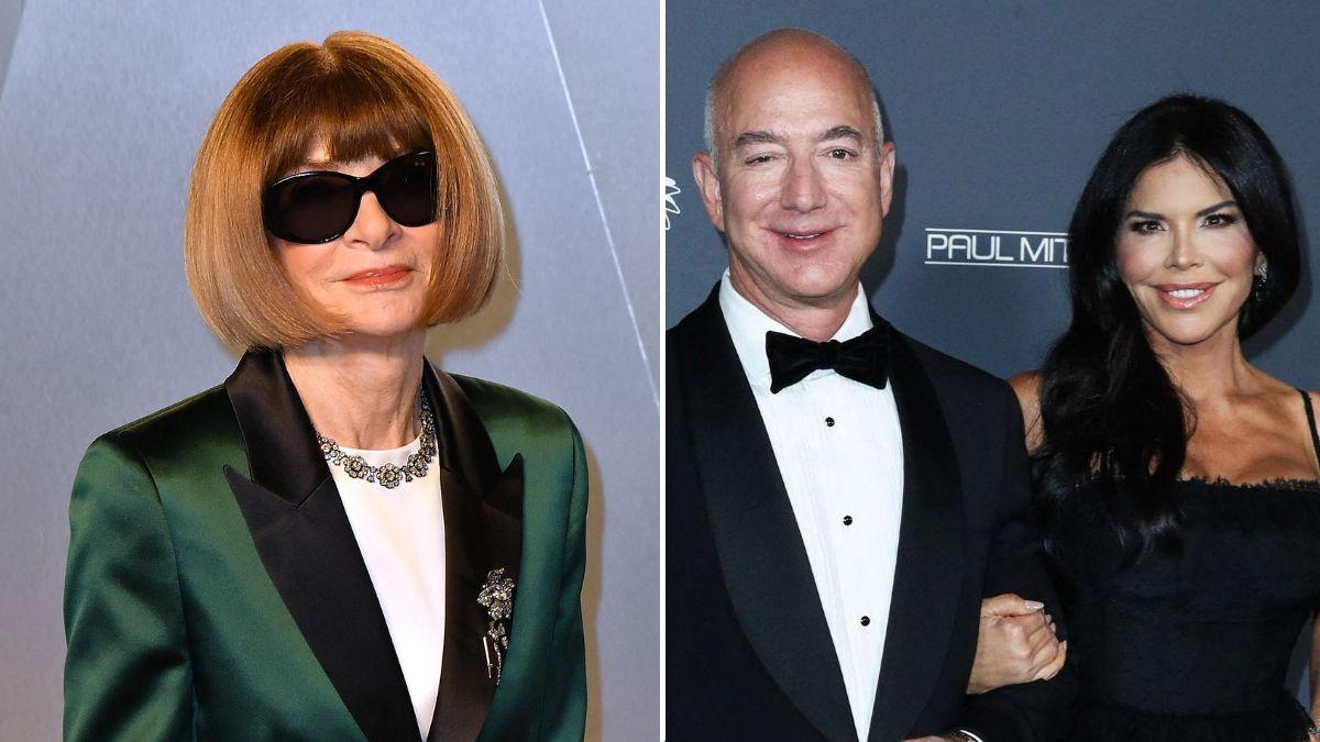 split image of Anna Wintour / Jeff Bezos and Lauren Sanchez