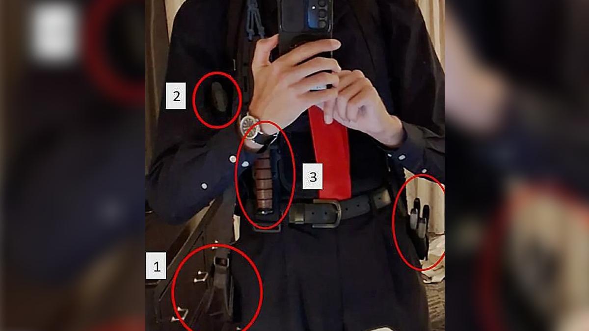 image of Court filings claim the image shows Allen carrying weapons and tools before approaching the event.