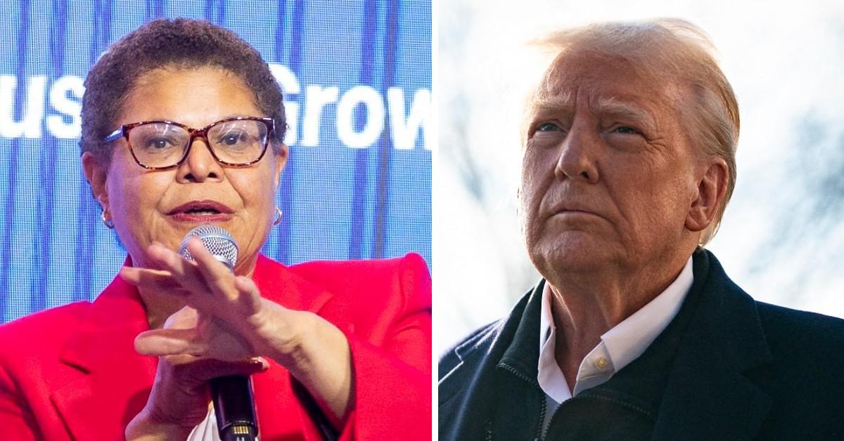 Composite photo of Karen Bass, Donald Trump