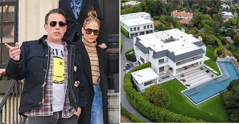 Split photo of Ben Affleck and Jennifer Lopez and their mansion.