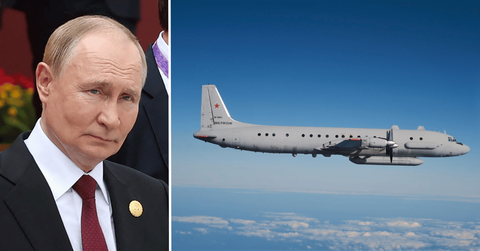 Split photo of Vladimir Putin, military plane