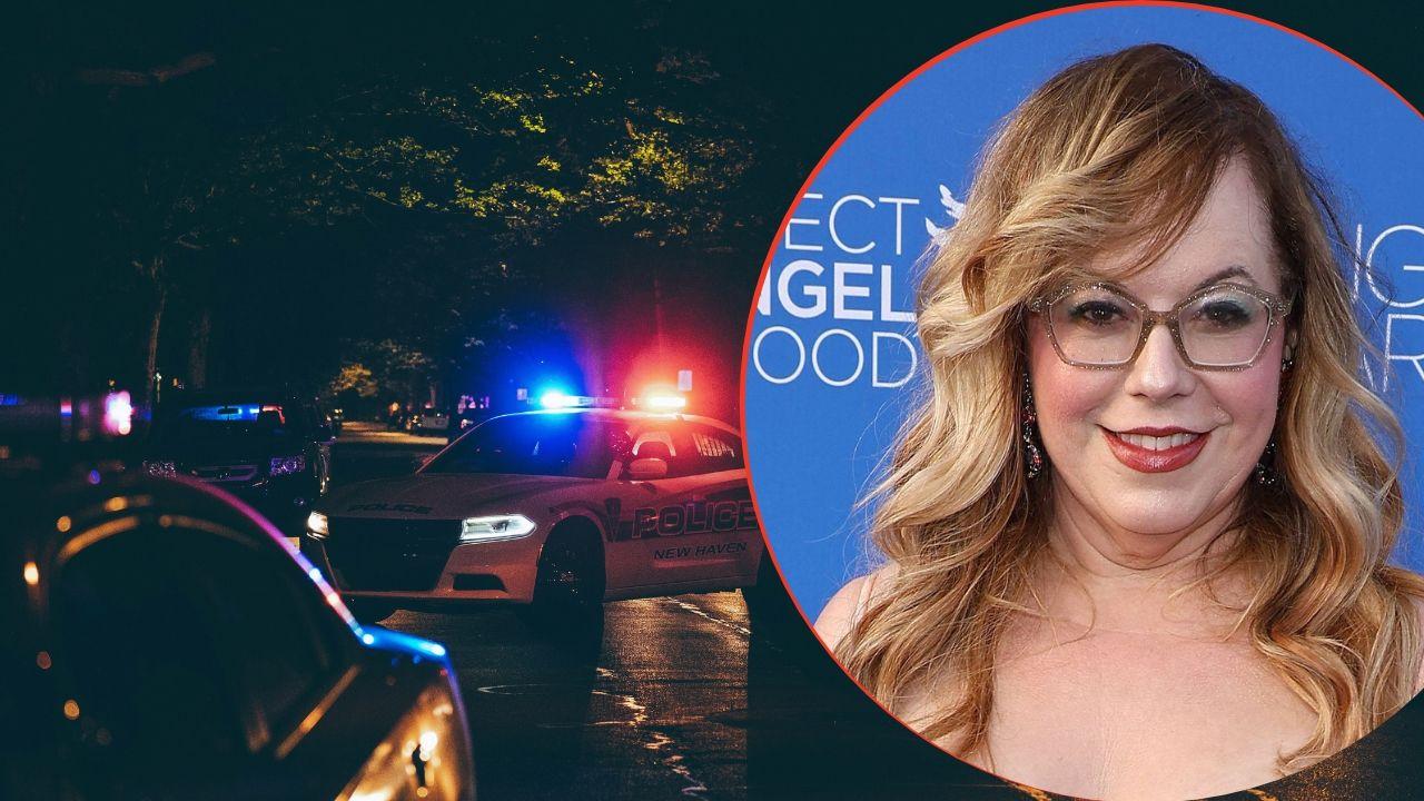 split image of cop cars and Kirsten Vangsness