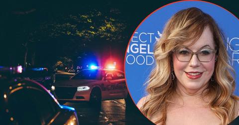 split image of cop cars and Kirsten Vangsness