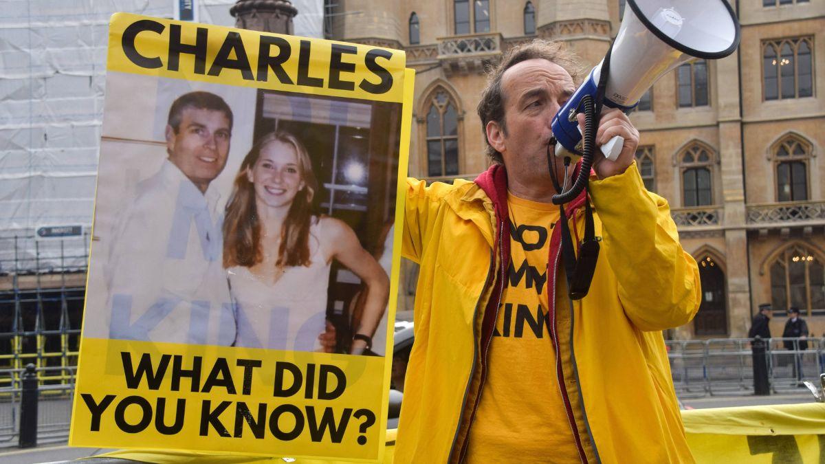 A photo of a Prince Andrew protestor
