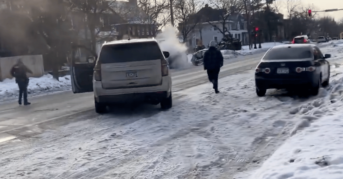 Photo of victim's vehicle crashing into parked cars after the shooting