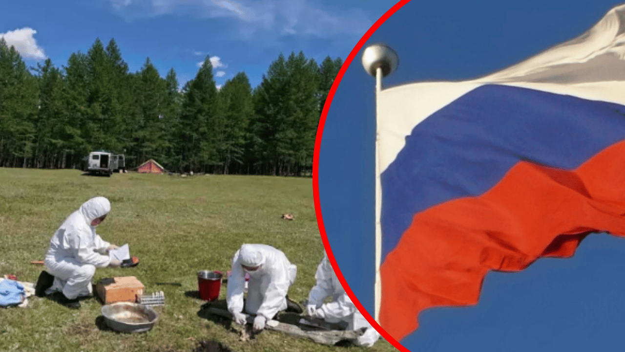 A photo of researchers alongside a photo of the Russian flag