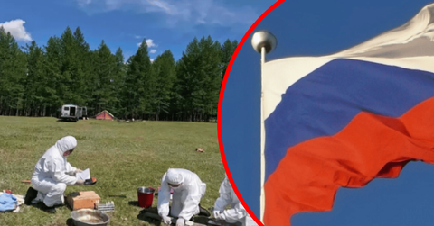 A photo of researchers alongside a photo of the Russian flag